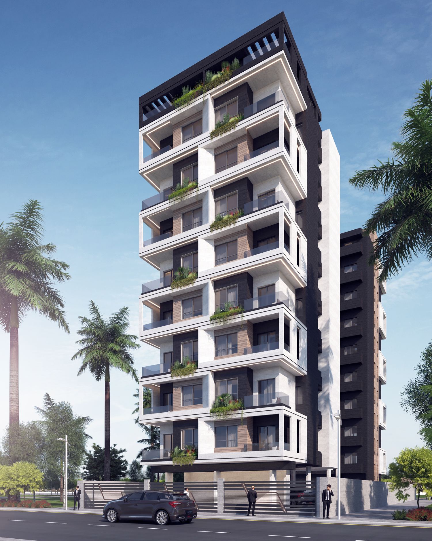 Architectural render of Rabih Center, a residential tower with planted balconies